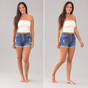 Love Tree Denim High Waisted Button Fly Distressed Cuffed Shorts Blue Small